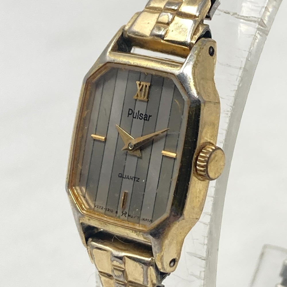 Vtg Pulsar Watch Women 16mm Gold Tone Striped Dial V232-5810 New Battery SMALL